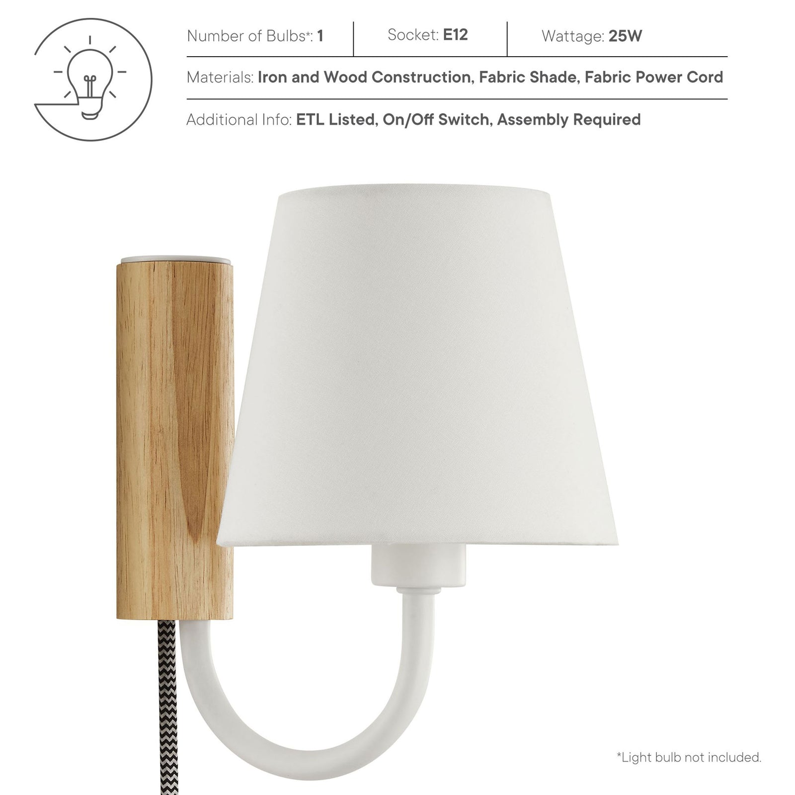 Sunlit wall sconce shown with specs for one E12 bulb, 25 watt max, iron and wood body, and ETL listing || EEI-6880-NAT-WHI || callout_studio