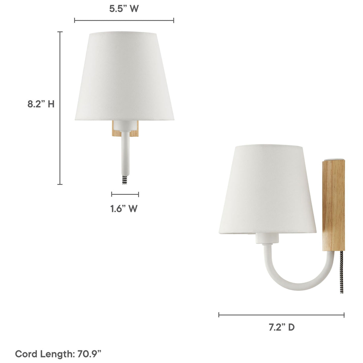 Dimension diagram of Sunlit white U arm wall sconce showing overall measurements and cord length || EEI-6880-NAT-WHI || dimension_studio