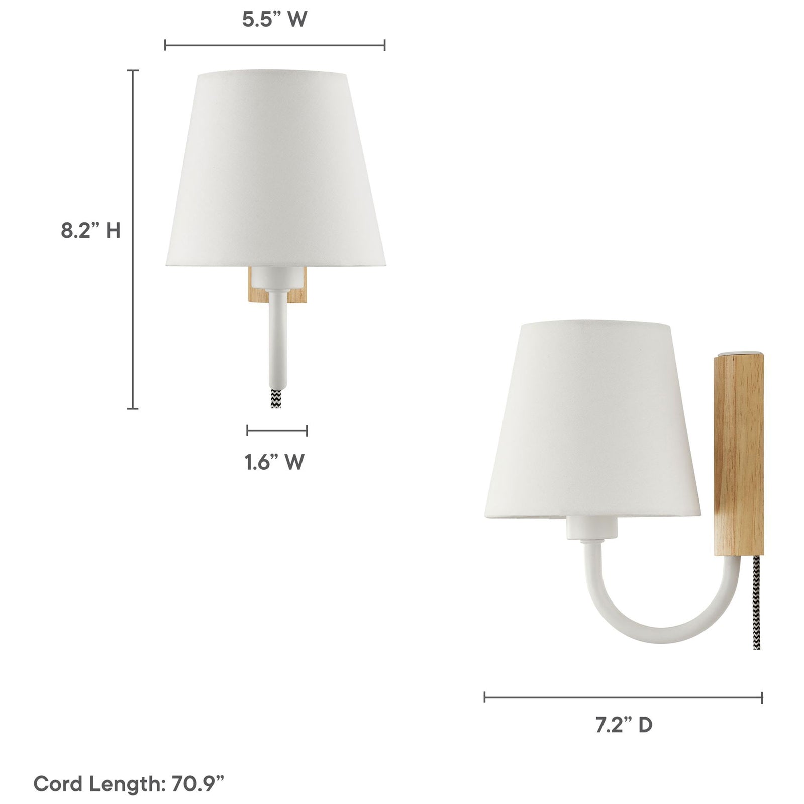 Dimension diagram of Sunlit white U arm wall sconce showing overall measurements and cord length || EEI-6880-NAT-WHI || dimension_studio