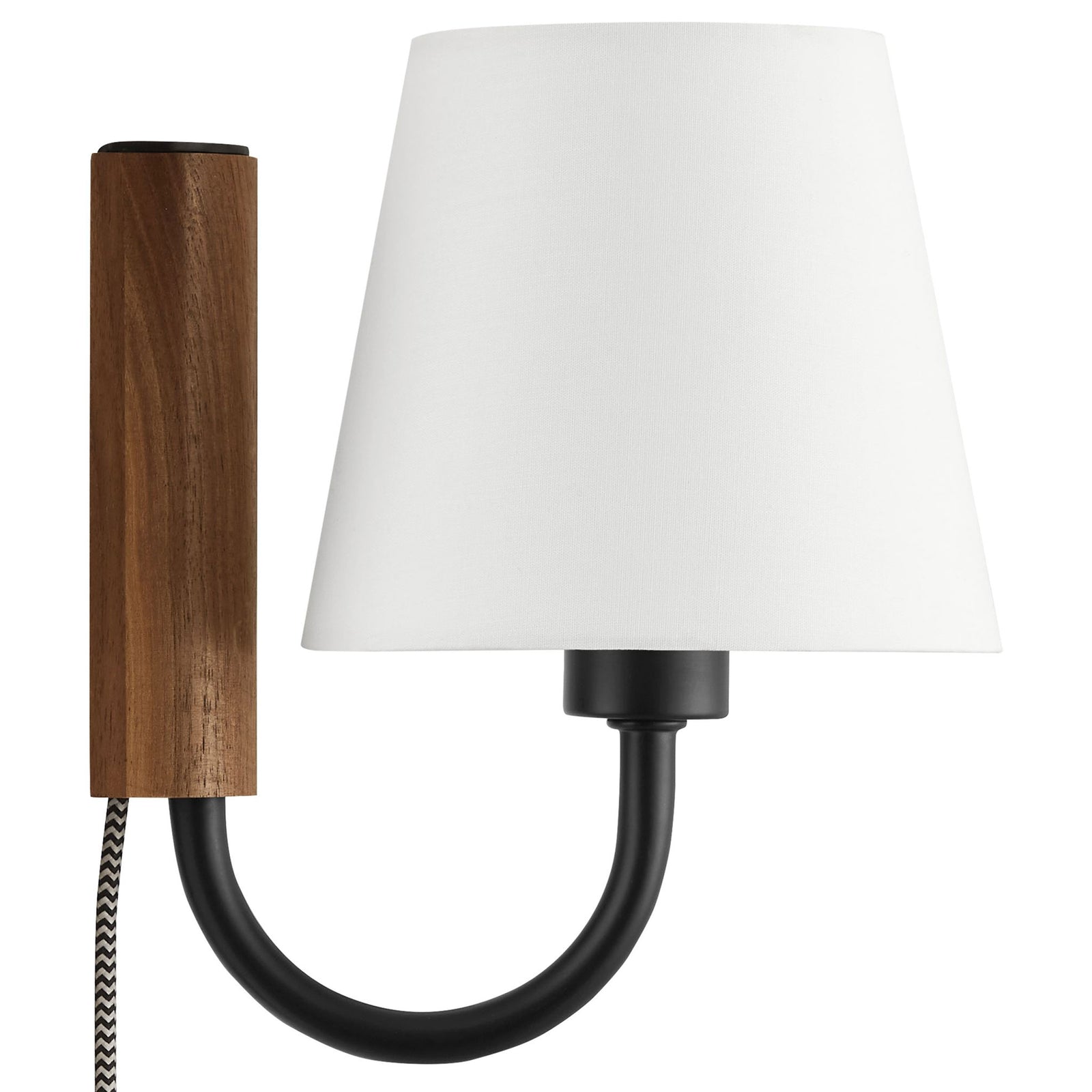 Walnut backplate and black U shaped arm wall sconce with crisp white shade for minimalist style || EEI-6880-WAL-BLK || side_studio