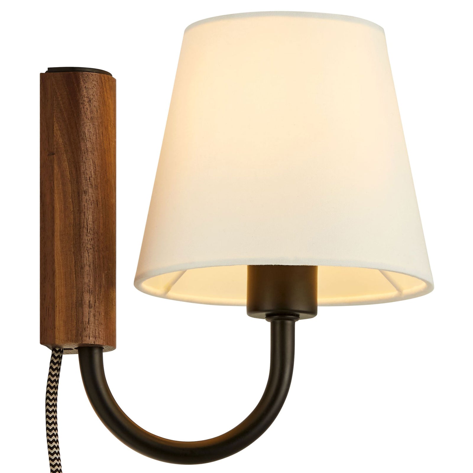 U arm wall sconce with glowing white shade, rich walnut backplate, and matte black metal || EEI-6880-WAL-BLK || side_on_studio
