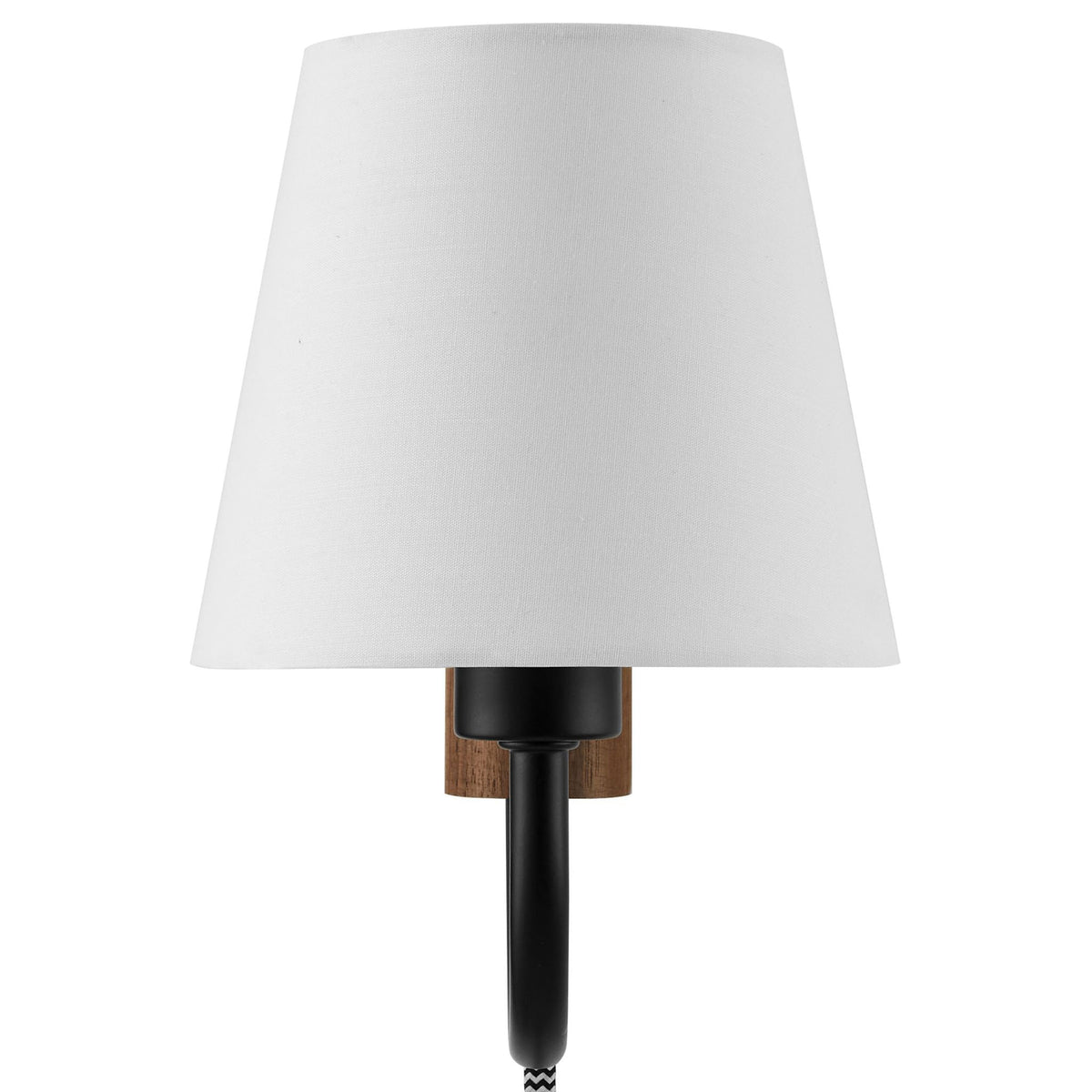 Tapered white fabric shade diffuses light for gentle illumination in this swivel wall sconce || EEI-6880-WAL-BLK || front_studio