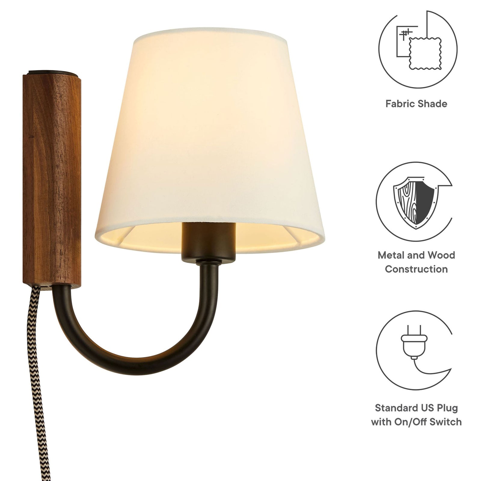 Sunlit wall sconce with icons highlighting fabric shade, metal and wood construction, and plug in cord || EEI-6880-WAL-BLK || callout_studio