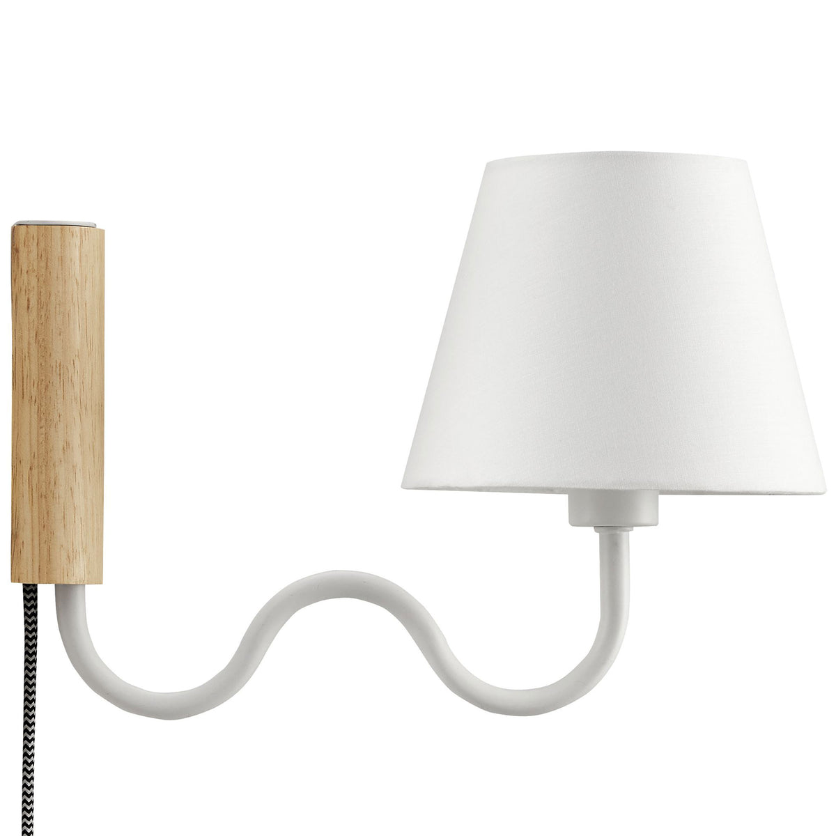 Natural wood backplate and white squiggle arm wall sconce with crisp white fabric shade || EEI-6881-NAT-WHI || side_studio