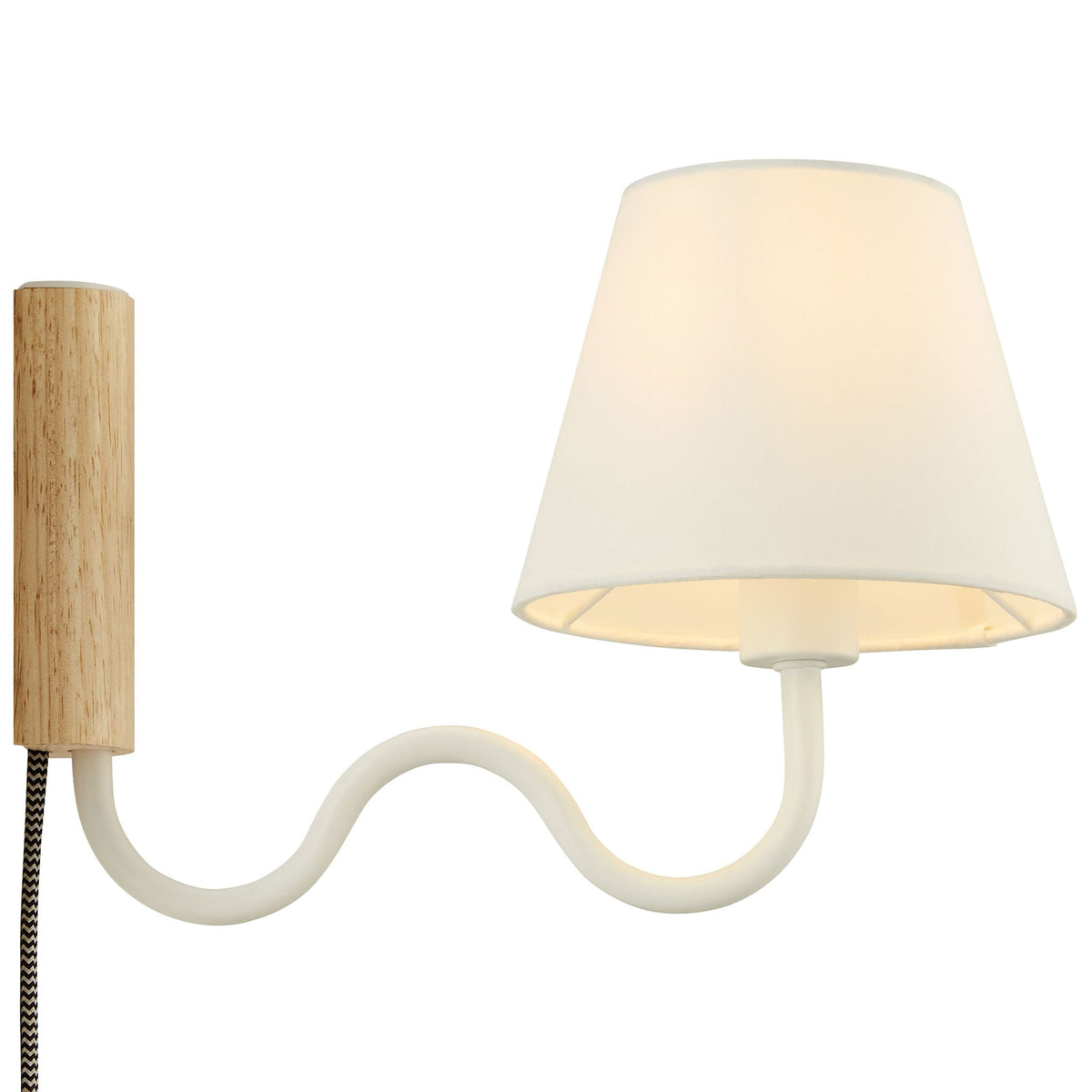 White squiggle arm wall sconce with glowing fabric shade and warm natural wood backplate || EEI-6881-NAT-WHI || side_on_studio