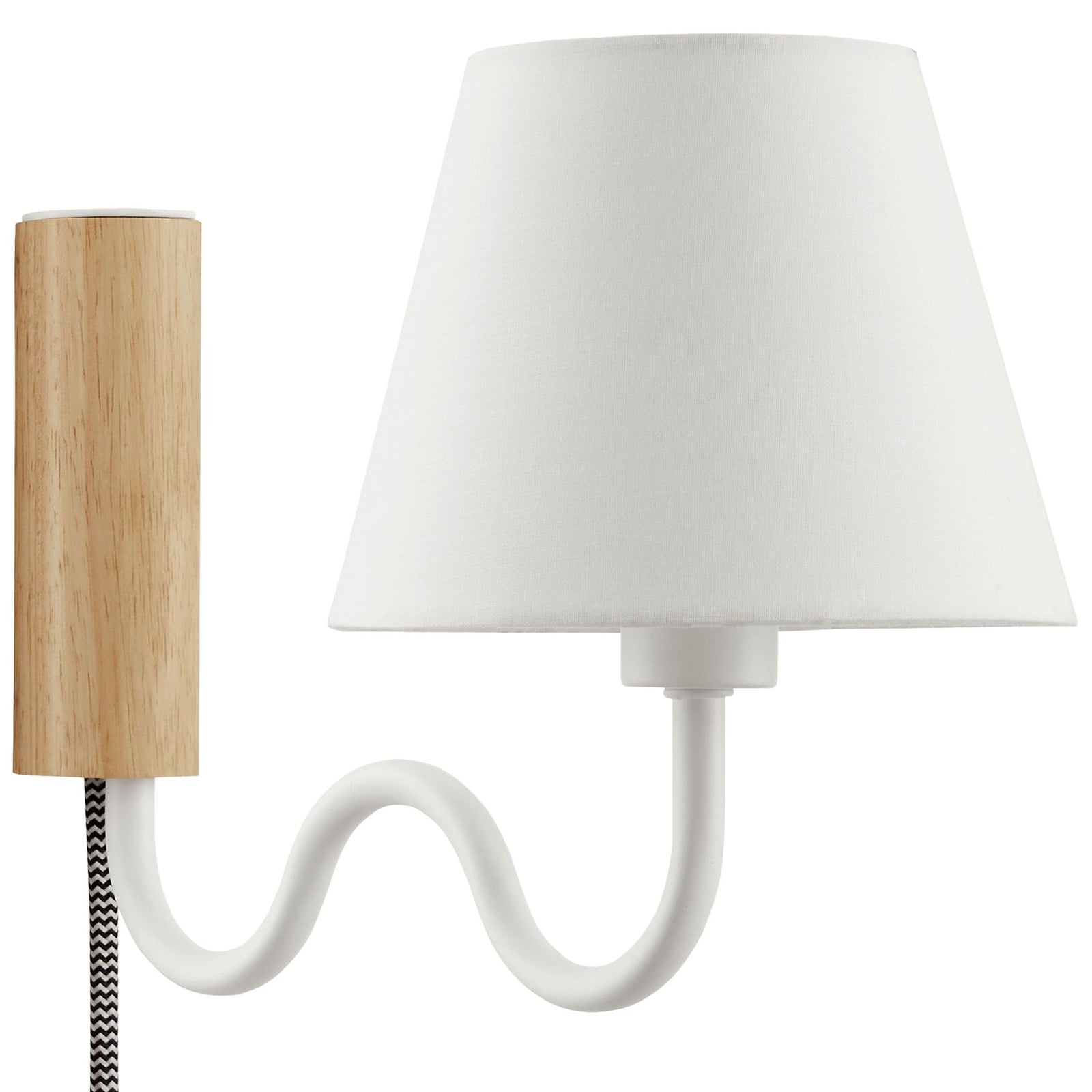 Sunlit squiggle arm wall sconce in white finish highlights its graceful curve and natural wood accent || EEI-6881-NAT-WHI || front_angle_studio