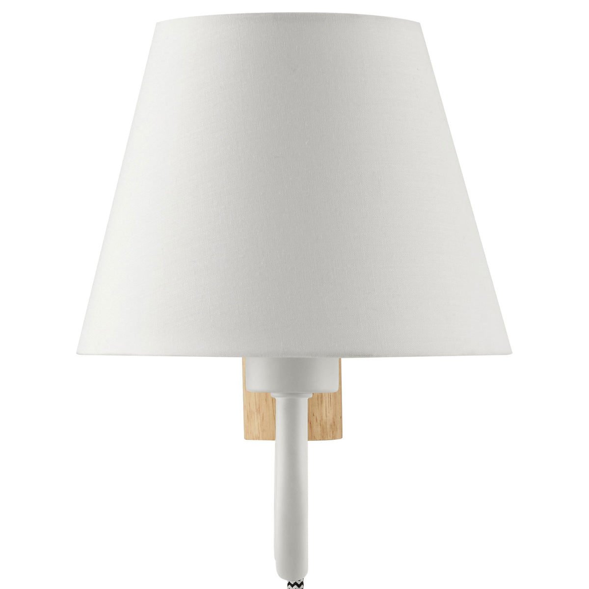 Soft white fabric shade brings a clean, airy look to this playful squiggle arm wall sconce || EEI-6881-NAT-WHI || front_studio
