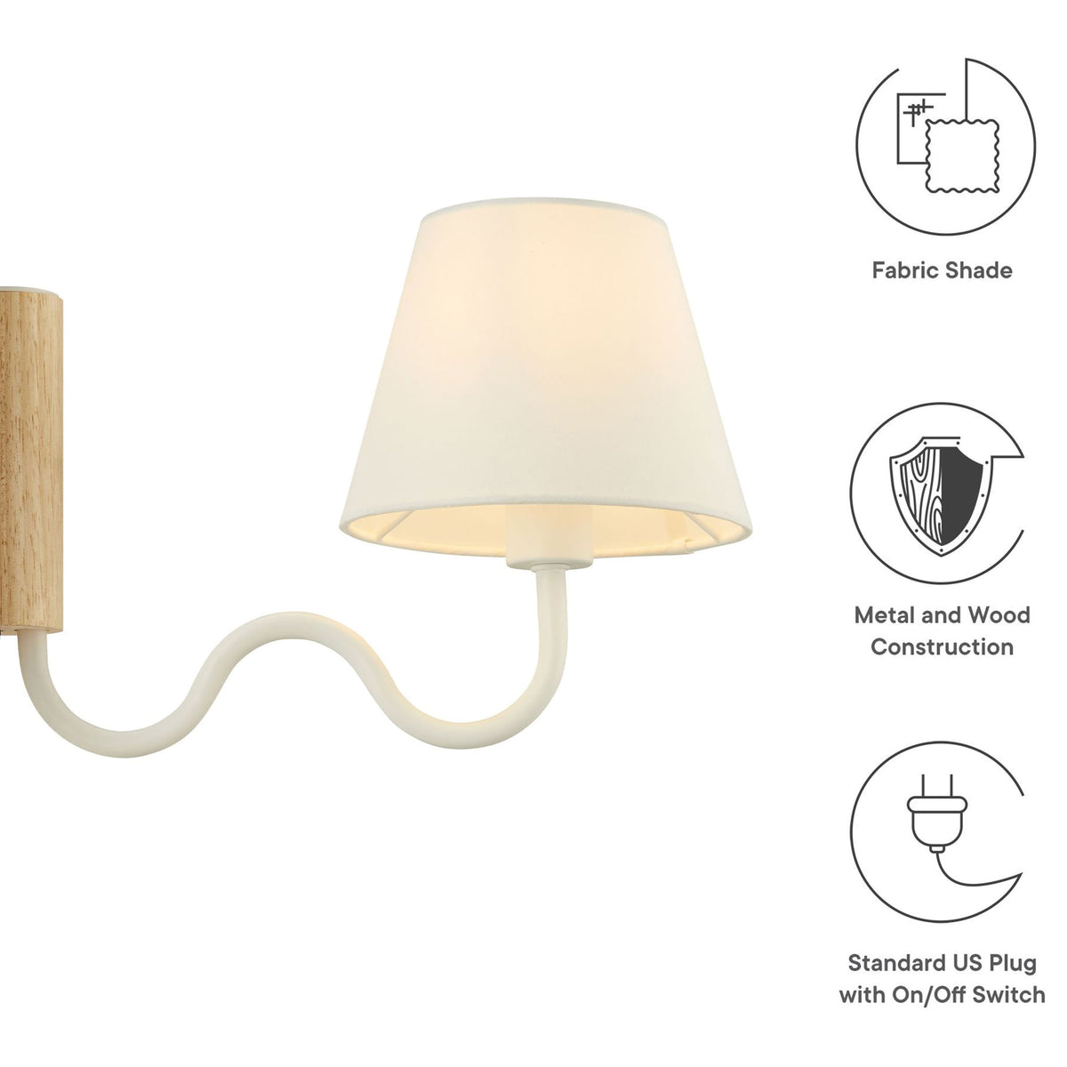 Sunlit wall sconce with icons calling out the fabric shade, metal and wood build, and plug in design || EEI-6881-NAT-WHI || callout_studio