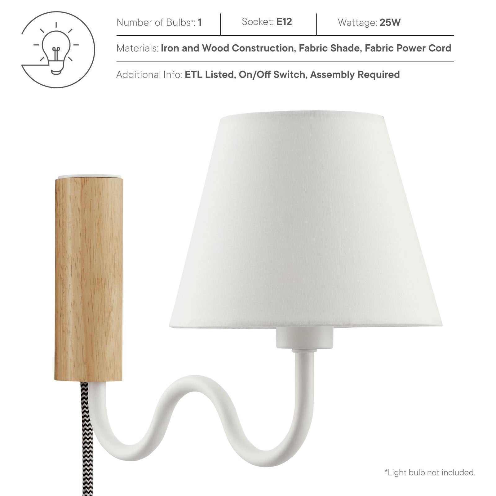 Sunlit wall sconce with specs for one E12 bulb, 25 watt max, iron and wood body, and ETL listing || EEI-6881-NAT-WHI || callout_studio
