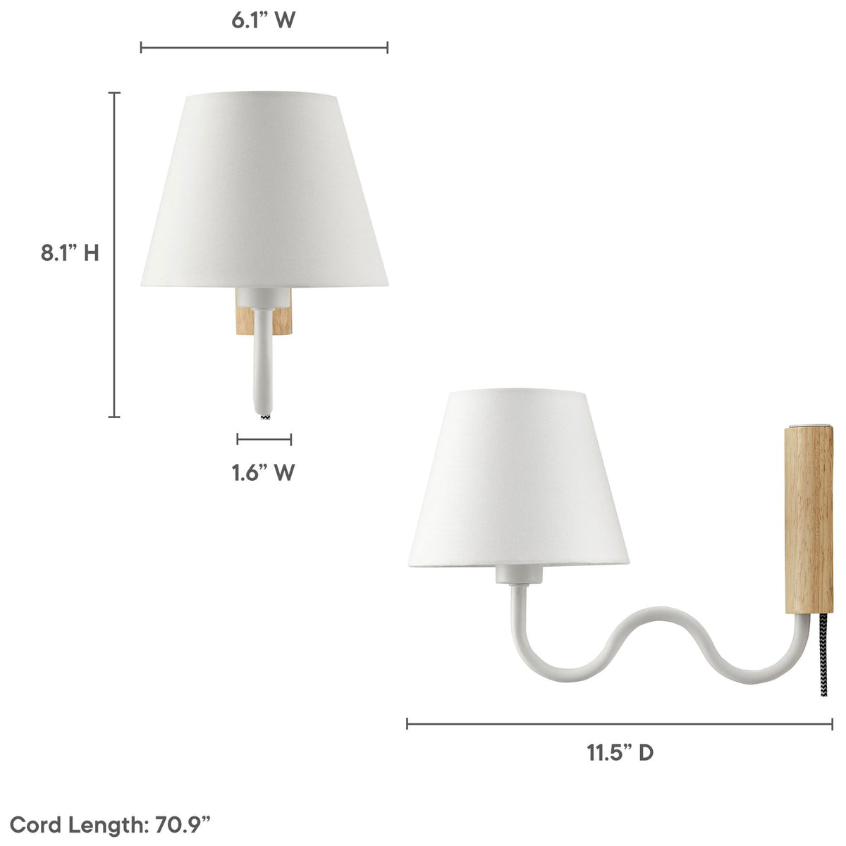 Dimension diagram of Sunlit white squiggle wall sconce showing width height depth and cord length || EEI-6881-NAT-WHI || dimension_studio