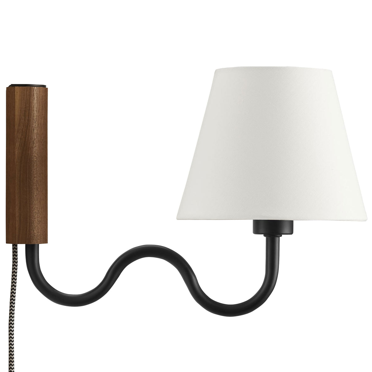 Walnut backplate and black squiggle arm wall sconce with crisp white fabric shade for modern warmth || EEI-6881-WAL-BLK || side_studio