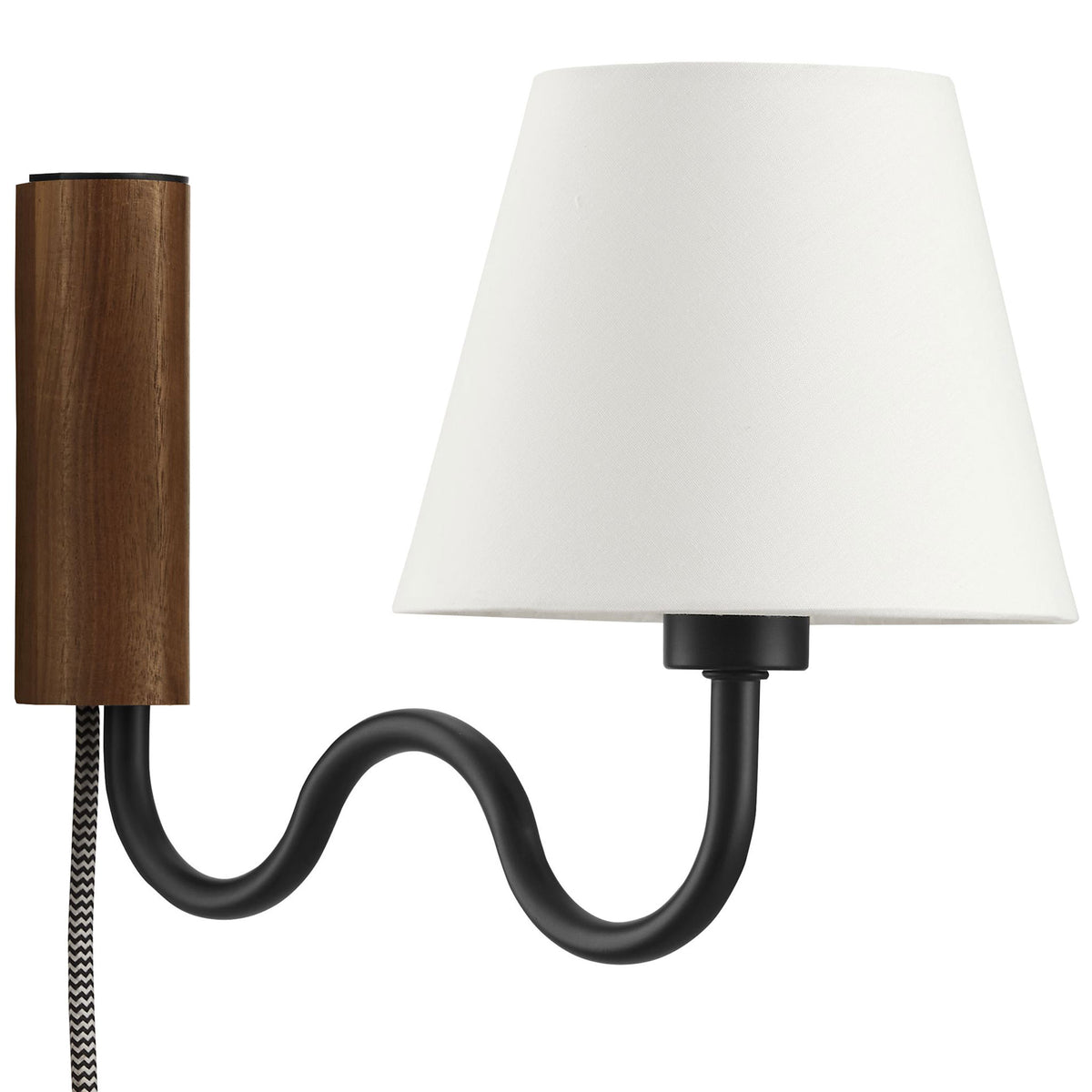 Squiggle arm wall sconce showcases walnut backplate and matte black metal for playful modern style || EEI-6881-WAL-BLK || front_angle_studio