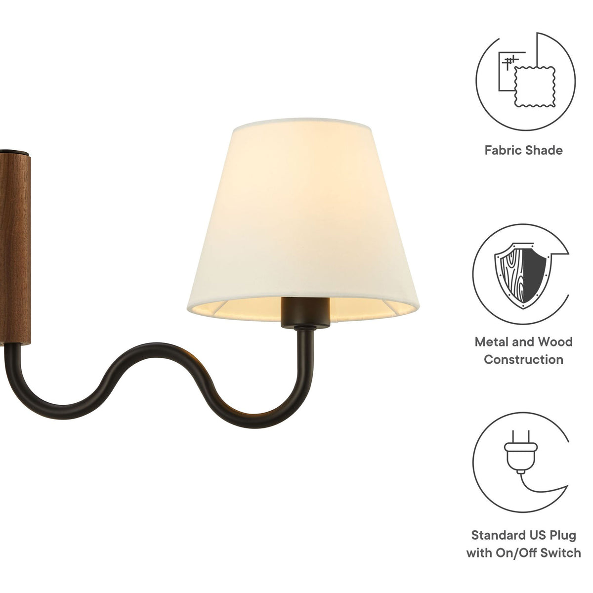 Sunlit wall sconce with glowing shade and icons highlighting fabric shade, metal wood build, and plug in cord || EEI-6881-WAL-BLK || callout_studio
