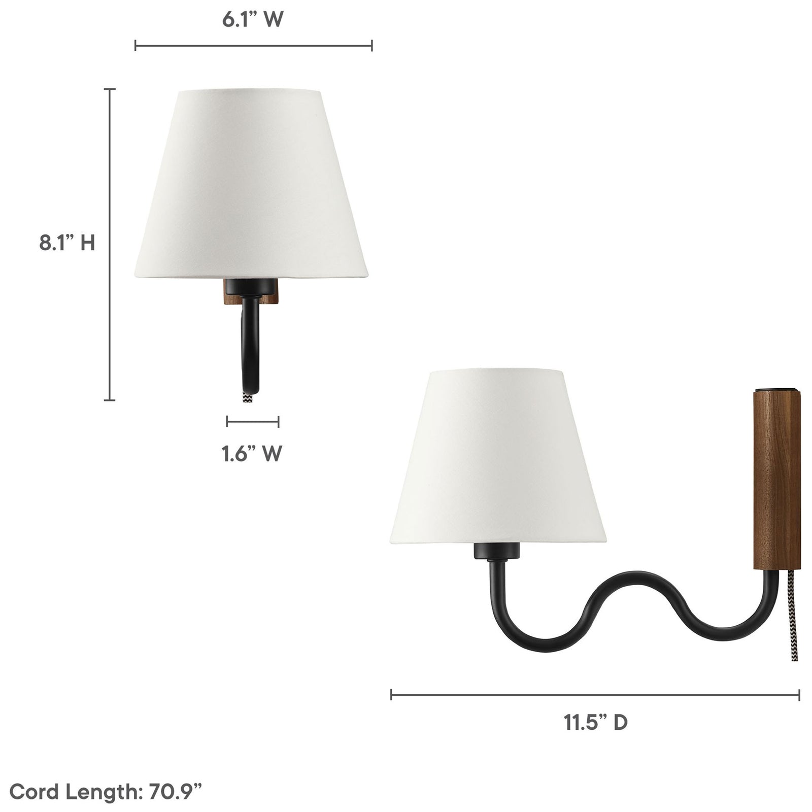 Dimension diagram of Sunlit squiggle arm wall sconce showing overall size and extra long cord length || EEI-6881-WAL-BLK || dimension_studio