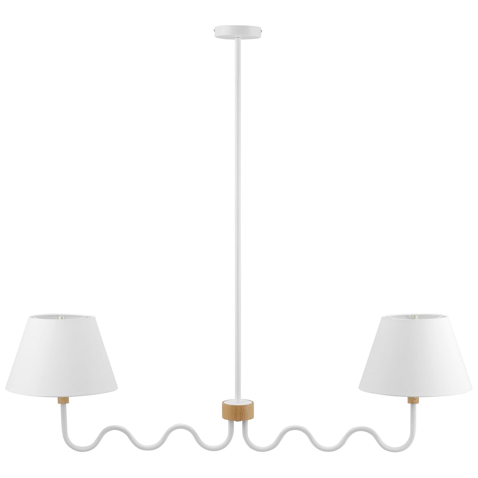 Playful two-arm pendant with wavy white arms, natural wood accent, and crisp fabric shades || EEI-6882-NAT-WHI || front_studio