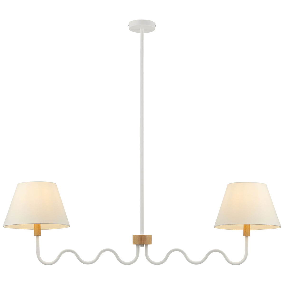 Warmly glowing fabric shades crown a sculptural squiggle frame with a natural wood centerpiece || EEI-6882-NAT-WHI || front_on_studio