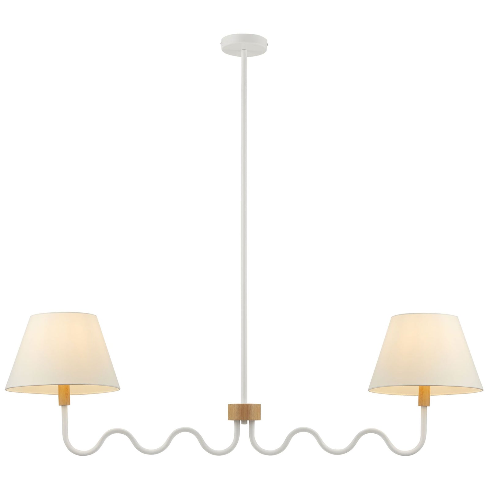 Warmly glowing fabric shades crown a sculptural squiggle frame with a natural wood centerpiece || EEI-6882-NAT-WHI || front_on_studio