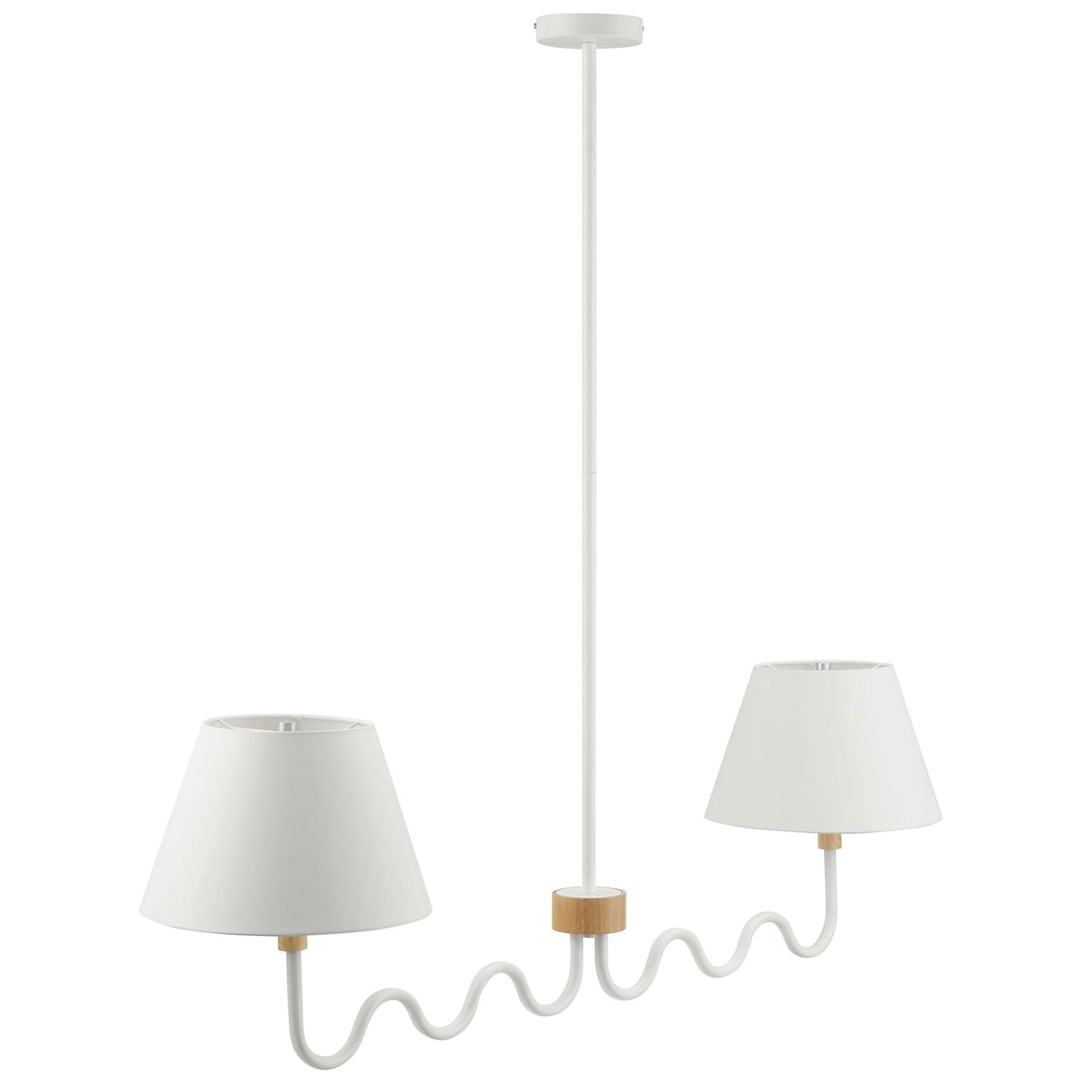 Sleek linear pendant showcases powder-coated squiggle arms and twin tapered shades || EEI-6882-NAT-WHI || front_angle_studio