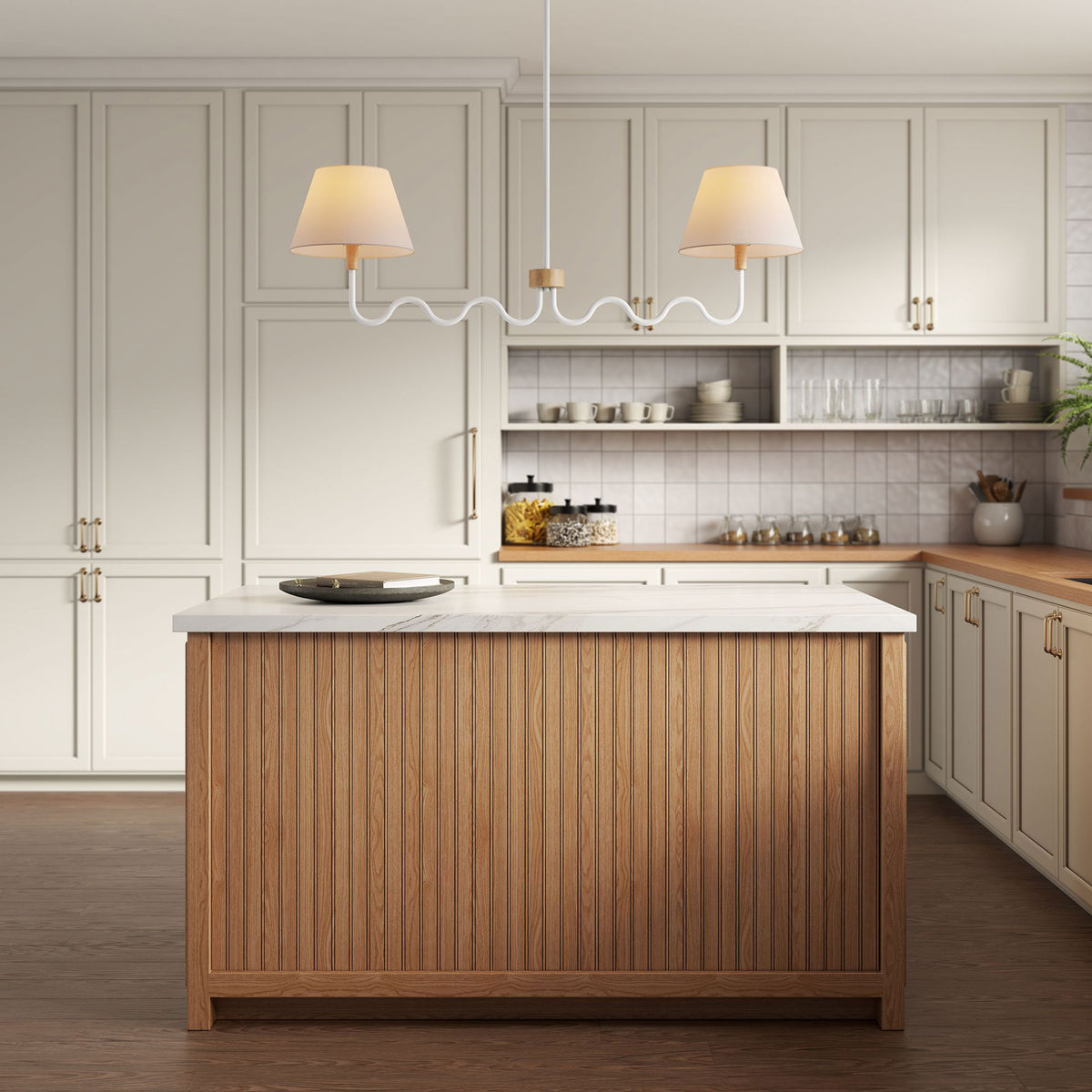 Brighten a kitchen island with a modern squiggle pendant and softly lit fabric shades || EEI-6882-NAT-WHI || front_on_room
