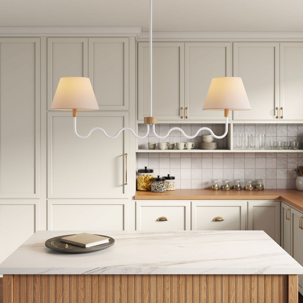 Ambient light spreads from twin shades over a wavy white frame and wood accent || EEI-6882-NAT-WHI || front_on_room
