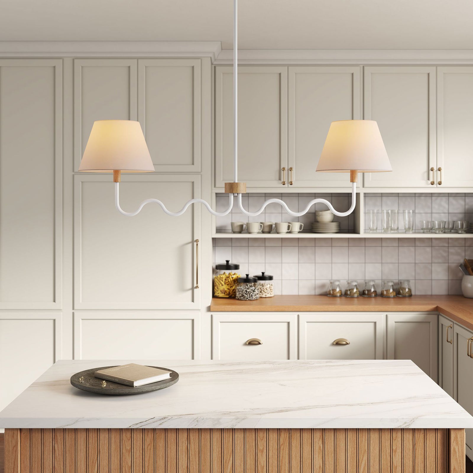 Ambient light spreads from twin shades over a wavy white frame and wood accent || EEI-6882-NAT-WHI || front_on_room