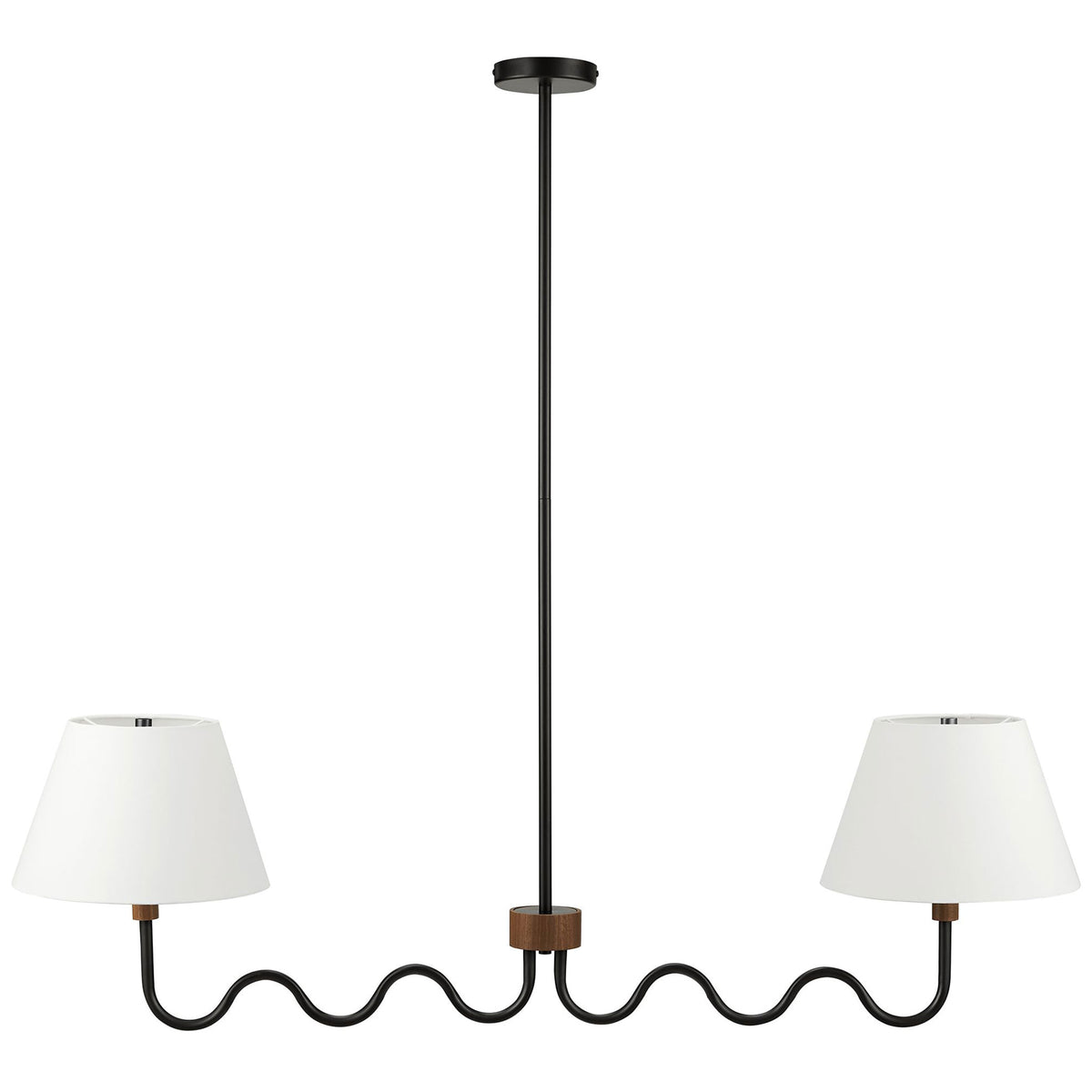 Black squiggle pendant with twin white fabric shades and a warm walnut accent at the center || EEI-6882-WAL-BLK || front_studio
