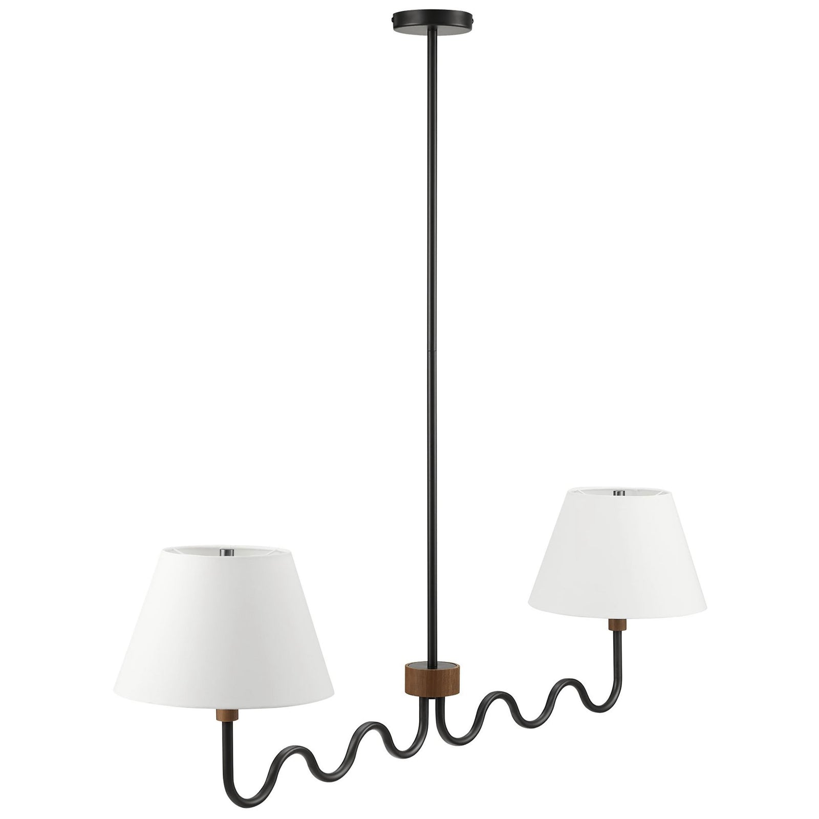 Modern two-arm chandelier with a minimalist downrod and sculptural squiggle silhouette || EEI-6882-WAL-BLK || front_angle_studio