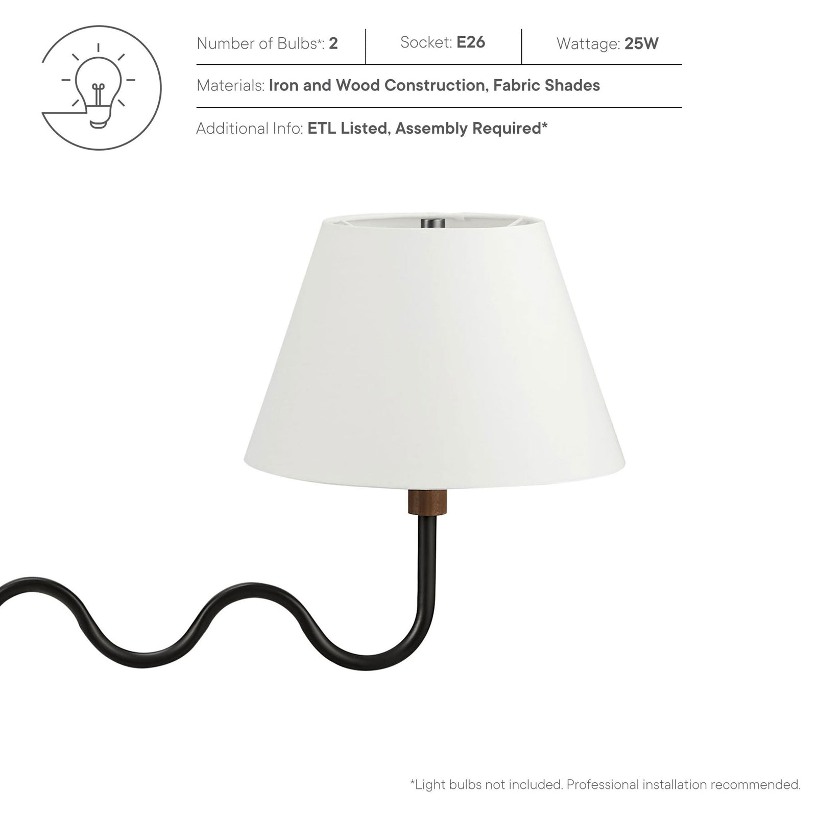 Two E26 sockets, 25W max per bulb, ETL listed; professional installation recommended || EEI-6882-WAL-BLK || callout_studio