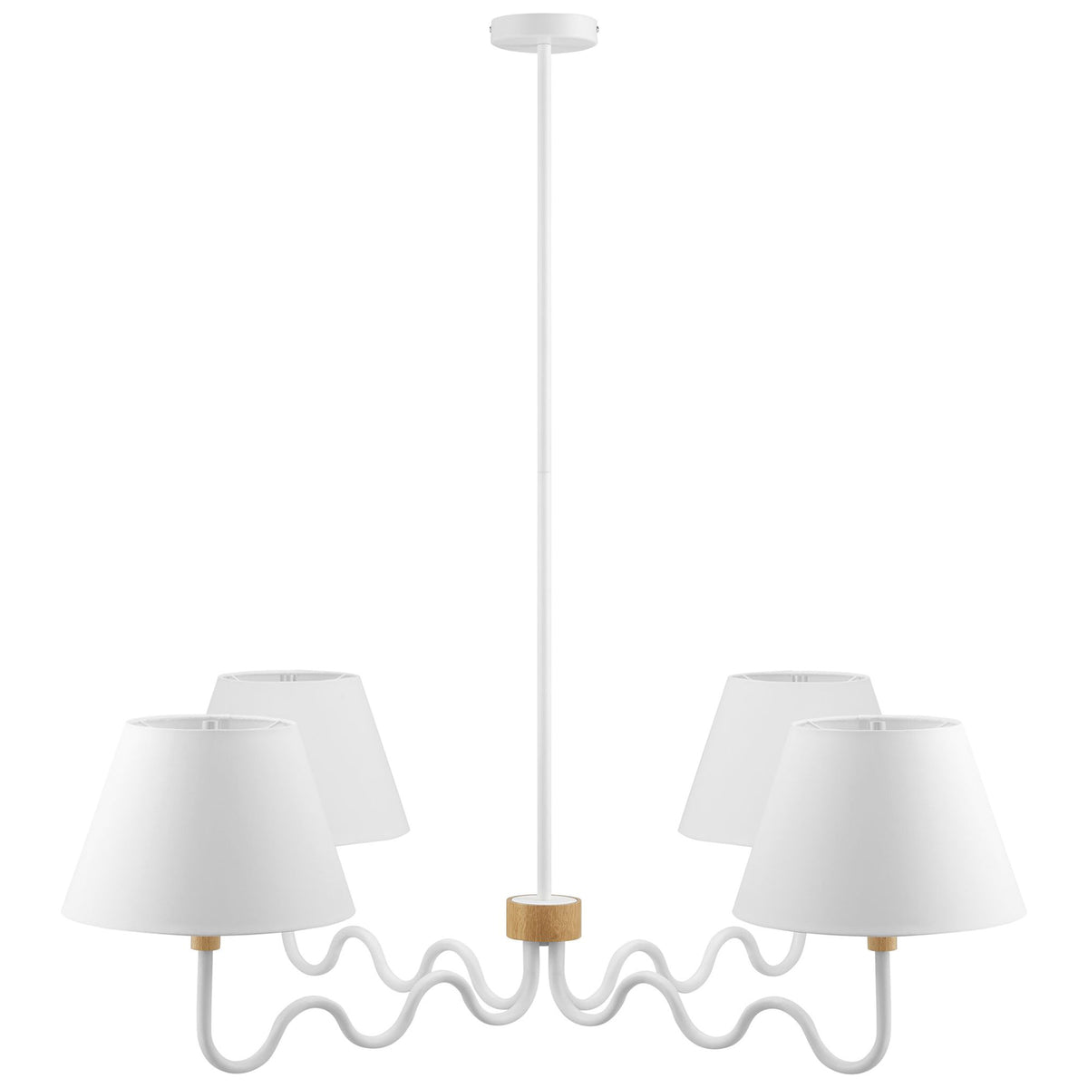Modern 4-light pendant with sculptural squiggle arms, natural wood accent, and crisp white fabric shades || EEI-6883-NAT-WHI || front_studio