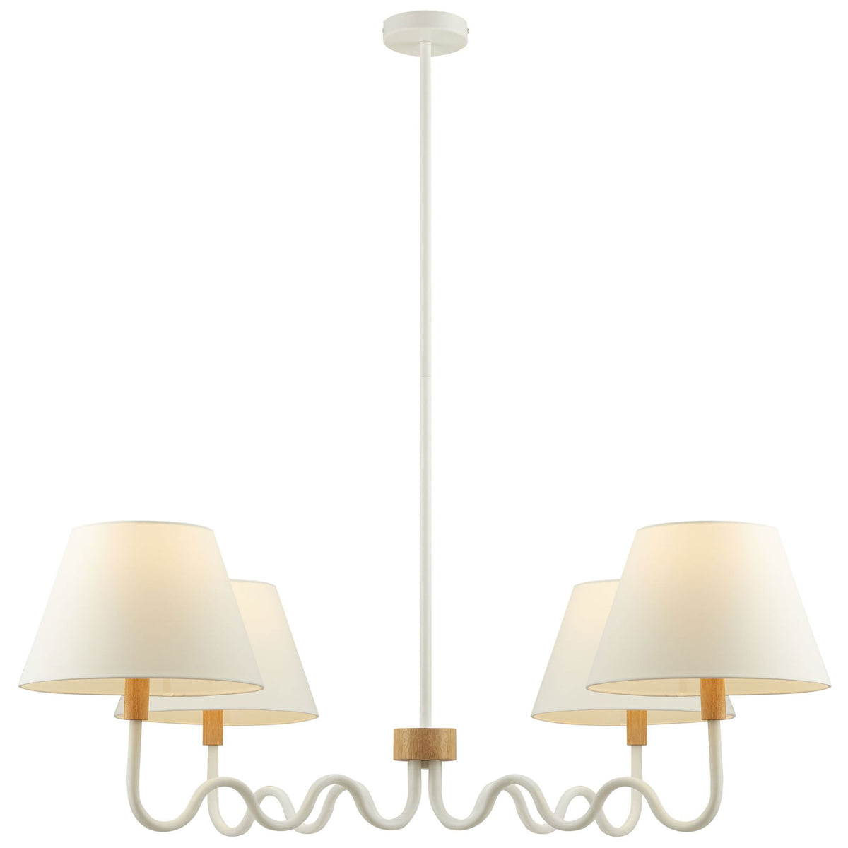 Warmly glowing 4-light pendant featuring playful squiggle arms, rubberwood accent, and white fabric shades || EEI-6883-NAT-WHI || front_on_studio