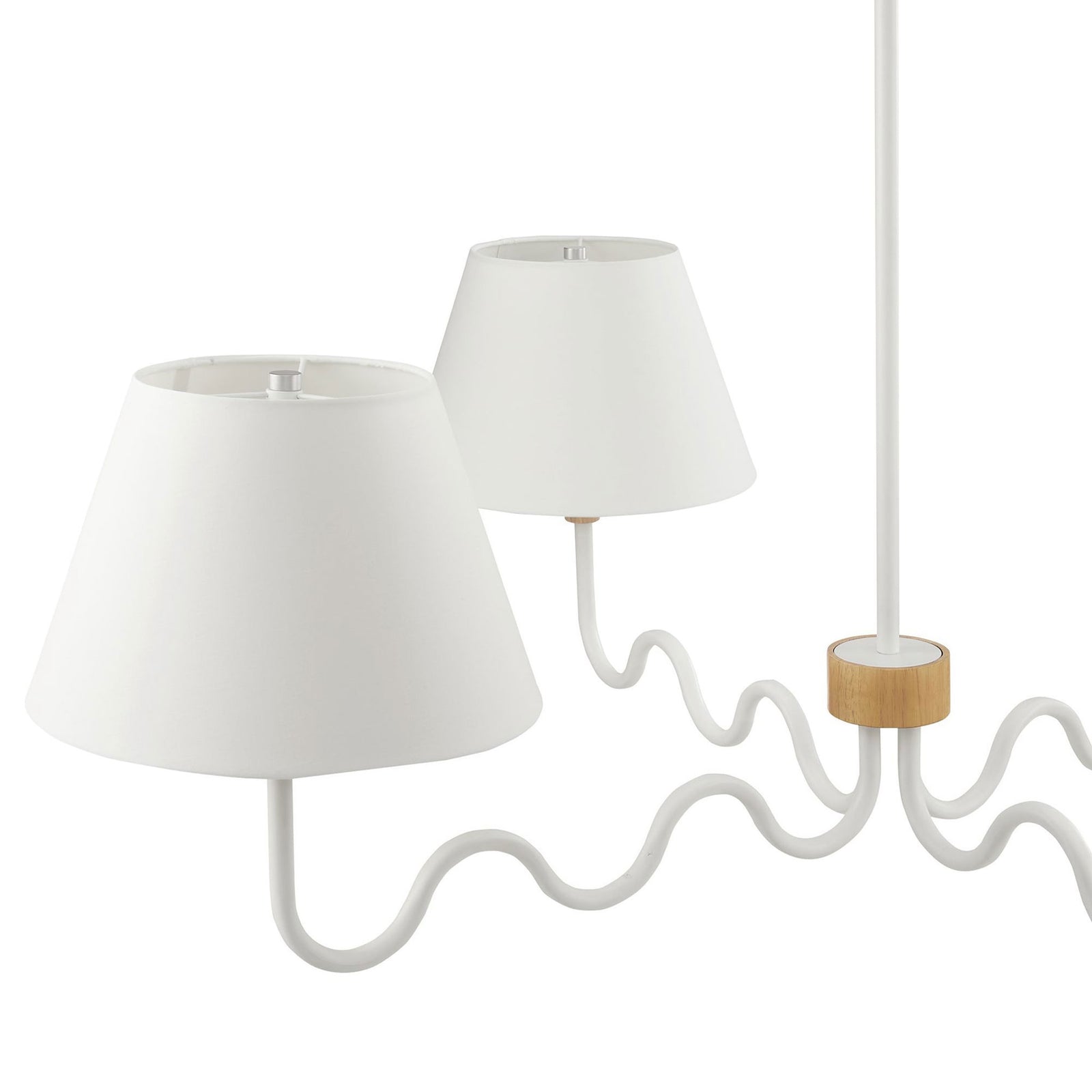 Tapered white fabric shades pair with wavy powder-coated arms and a natural wood hub for modern charm || EEI-6883-NAT-WHI || shade_studio