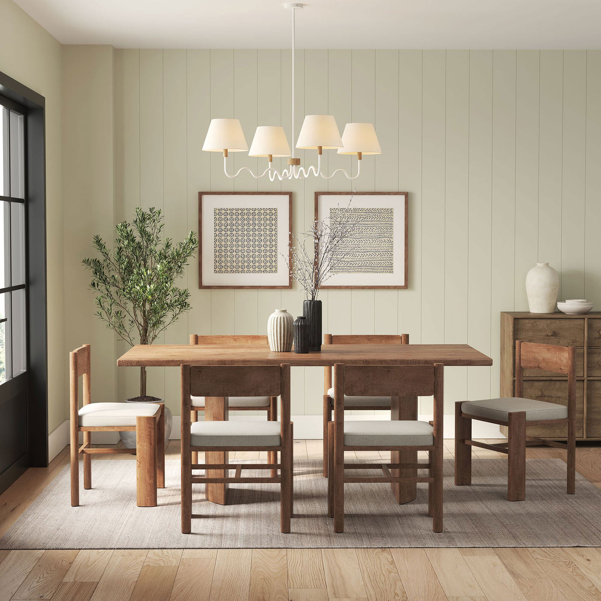 Brighten the dining room with a modern 4-light pendant, warm white shades, and a sculptural squiggle profile || EEI-6883-NAT-WHI || front_on_room