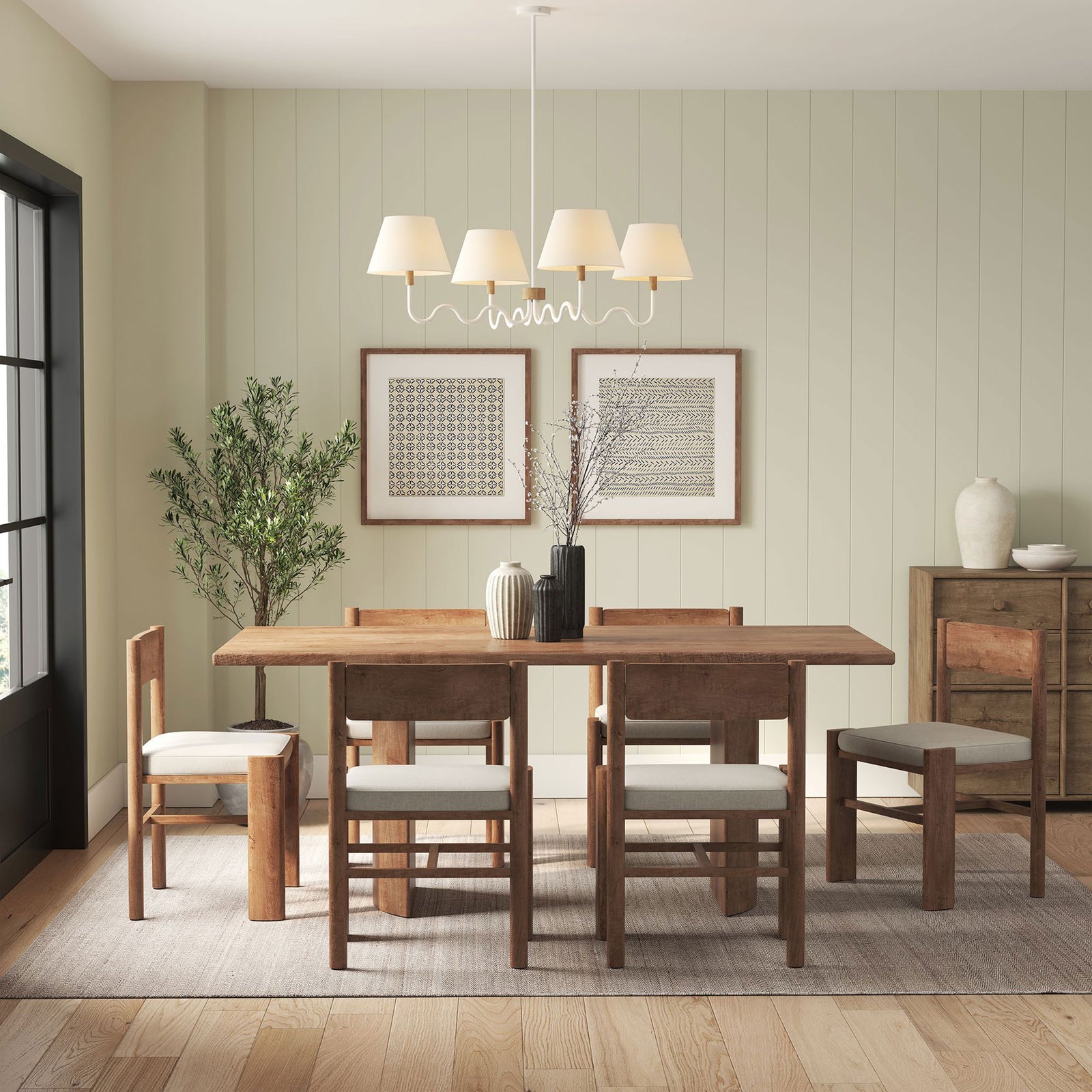 Brighten the dining room with a modern 4-light pendant, warm white shades, and a sculptural squiggle profile || EEI-6883-NAT-WHI || front_on_room