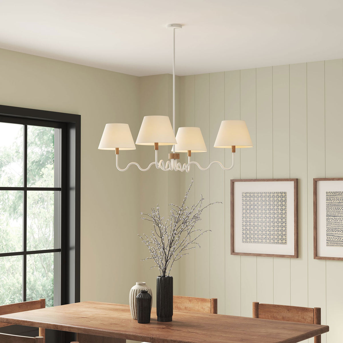 A minimalist rod and wood-accented hub center four glowing fabric shades for inviting ambient light || EEI-6883-NAT-WHI || front_angle_on_room
