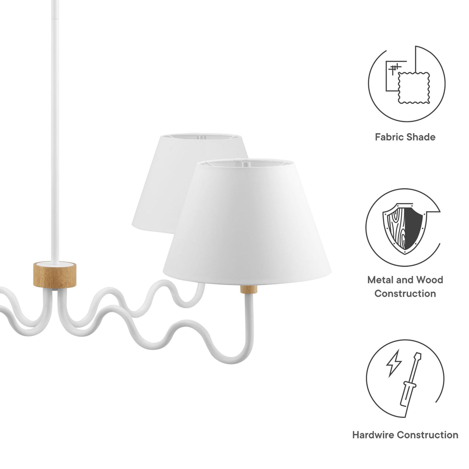 Key features: fabric shades, mixed metal-and-wood construction, and clean hardwired design || EEI-6883-NAT-WHI || callout_studio