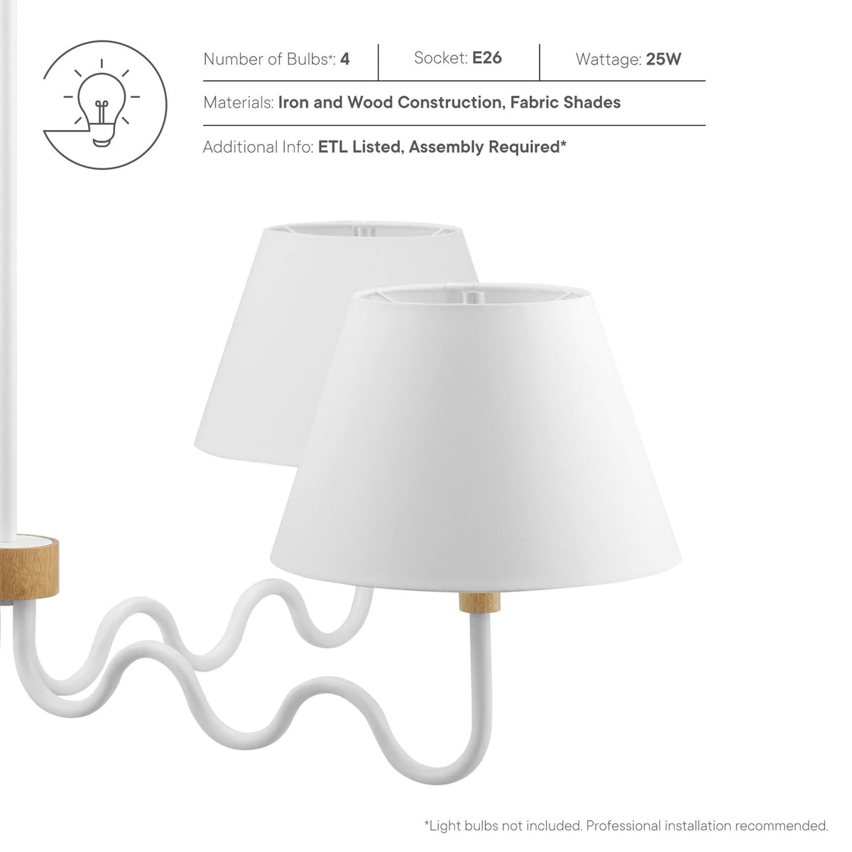 Specs at a glance: uses four E26 25W bulbs, iron and wood frame, ETL listed, assembly required || EEI-6883-NAT-WHI || callout_studio