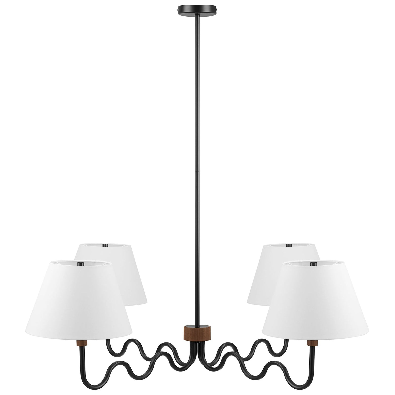 Playful squiggle chandelier with four white shades and a walnut accent in black finish || EEI-6883-WAL-BLK || front_studio