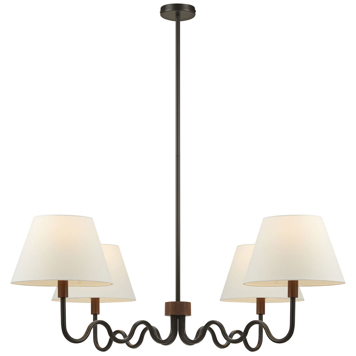 Warmly glowing four light pendant with wavy arms, fabric shades, and walnut wood center detail || EEI-6883-WAL-BLK || front_on_studio