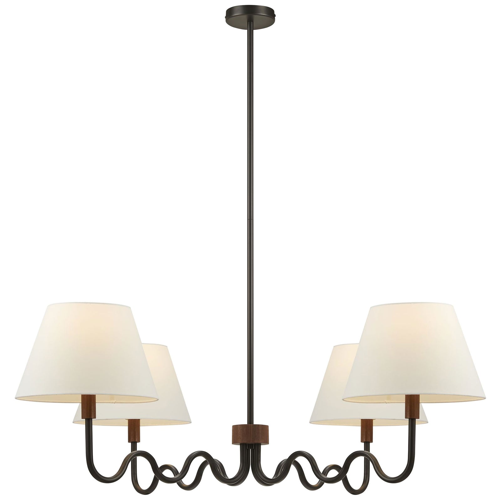 Warmly glowing four light pendant with wavy arms, fabric shades, and walnut wood center detail || EEI-6883-WAL-BLK || front_on_studio