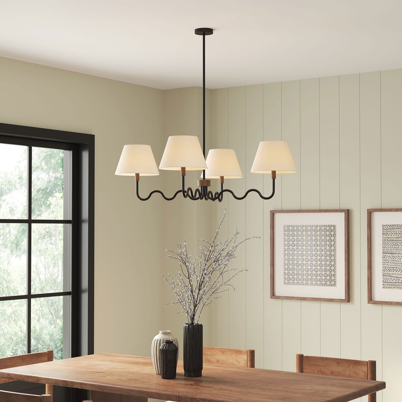 Four tapered shades float on playful squiggle arms for a stylish, balanced statement || EEI-6883-WAL-BLK || front_angle_on_room
