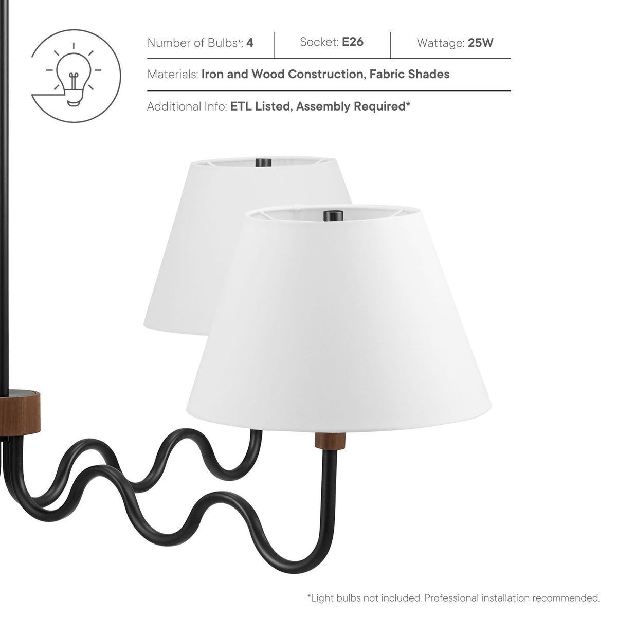 Four bulb E26 socket chandelier rated 25W max, ETL listed with assembly required || EEI-6883-WAL-BLK || callout_studio