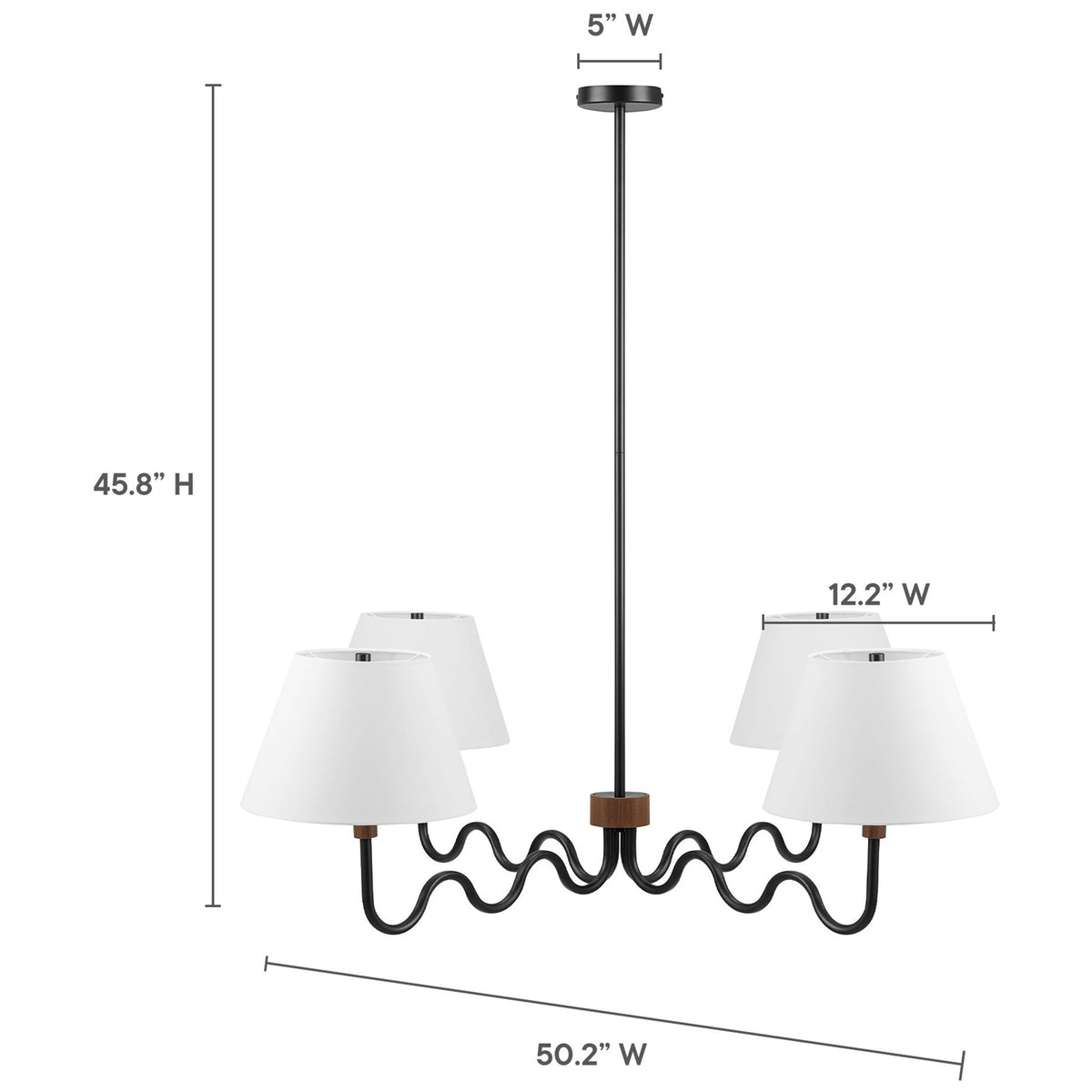 Generous 50.2 inch wide pendant with 45.8 inch height and 12.2 inch shade width shown || EEI-6883-WAL-BLK || dimension_studio