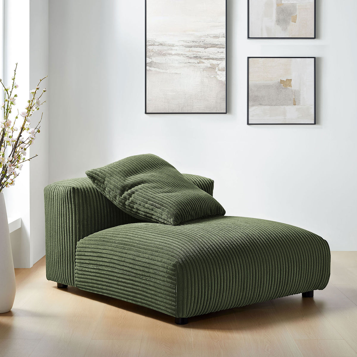 Modern modular chair in fern corduroy creates a relaxed lounge spot with a supportive low back || EEI-6884-FRN || front_angle_room