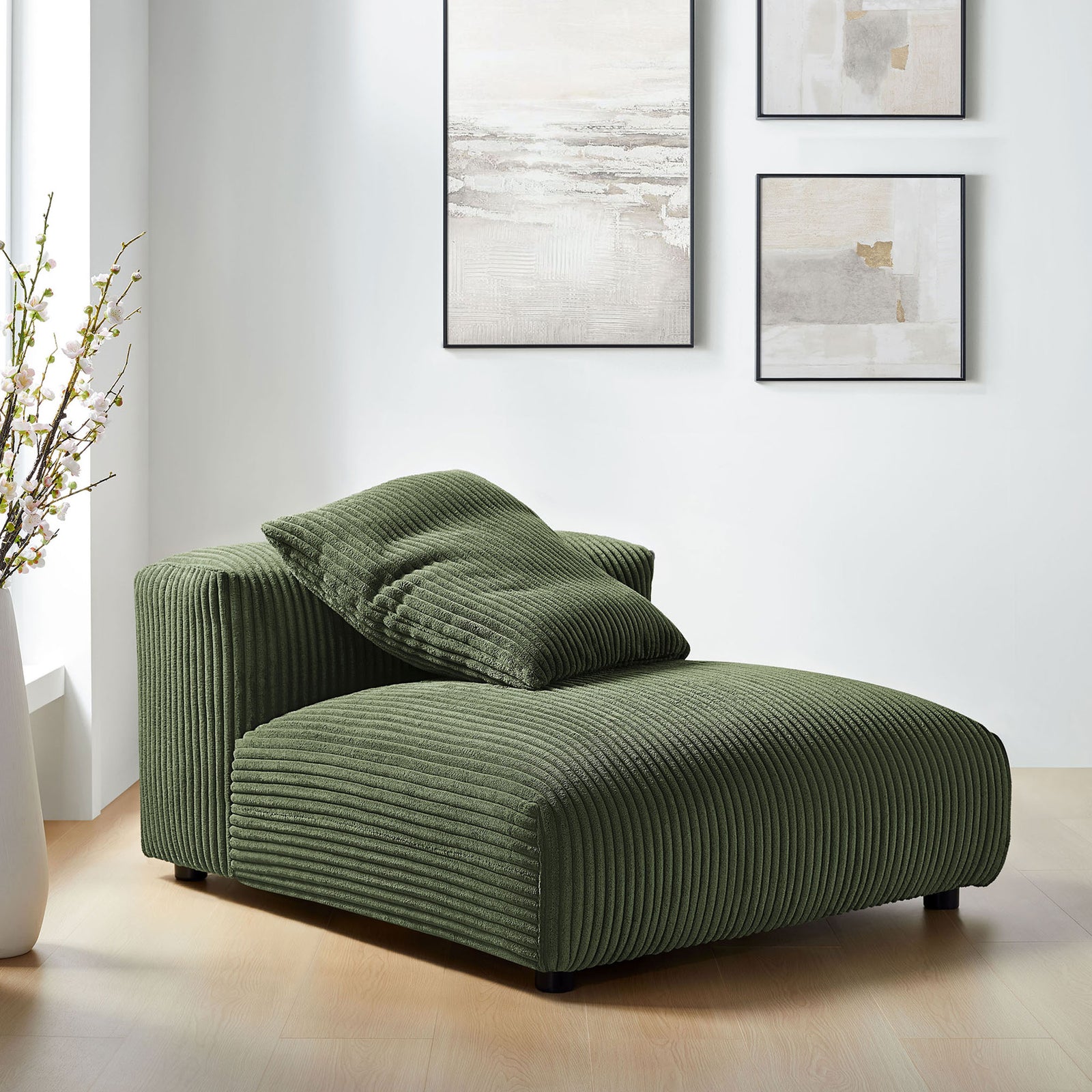 Modern modular chair in fern corduroy creates a relaxed lounge spot with a supportive low back || EEI-6884-FRN || front_angle_room