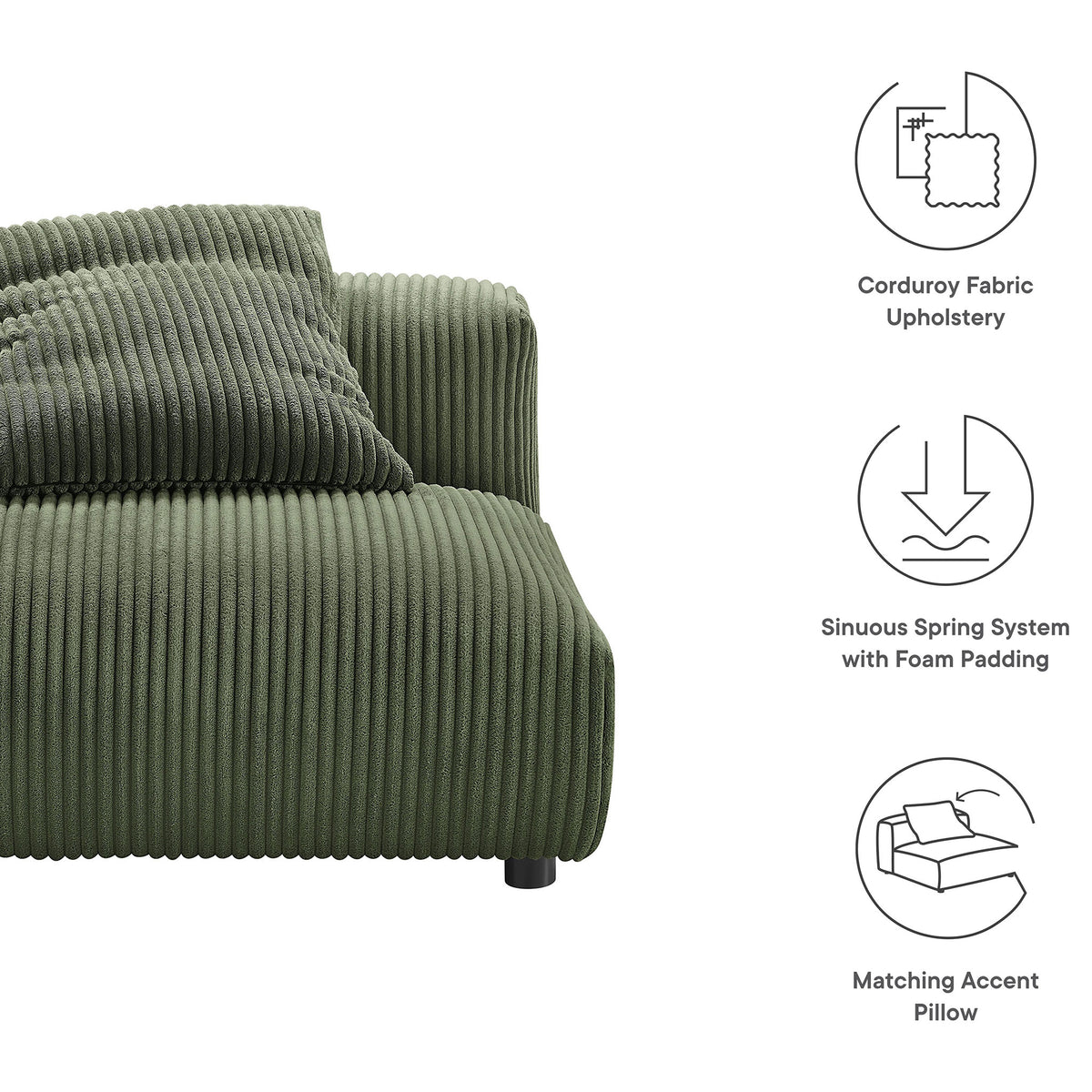 Highlighted features include corduroy upholstery, sinuous spring support, and a matching accent pillow || EEI-6884-FRN || callout_studio
