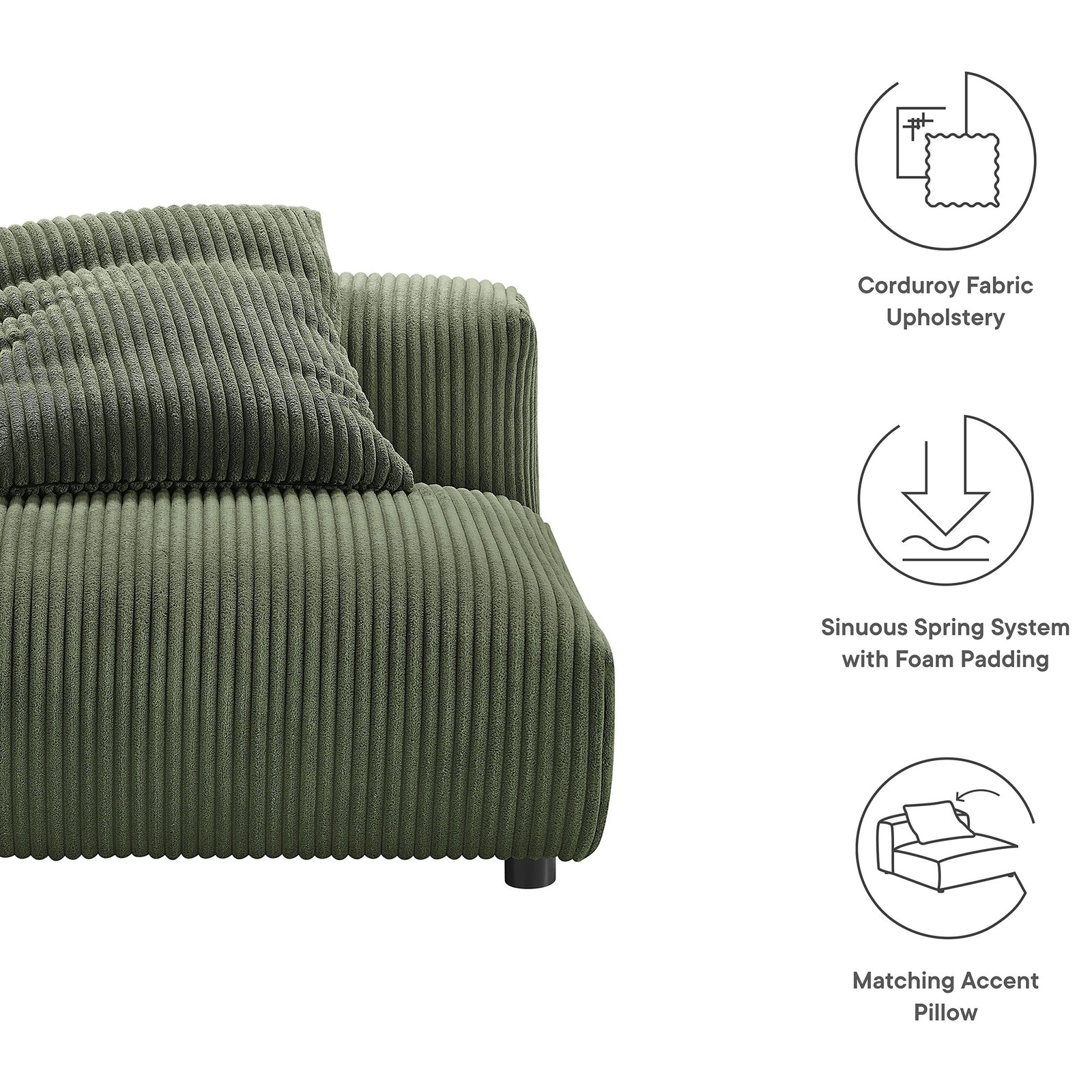 Highlighted features include corduroy upholstery, sinuous spring support, and a matching accent pillow || EEI-6884-FRN || callout_studio