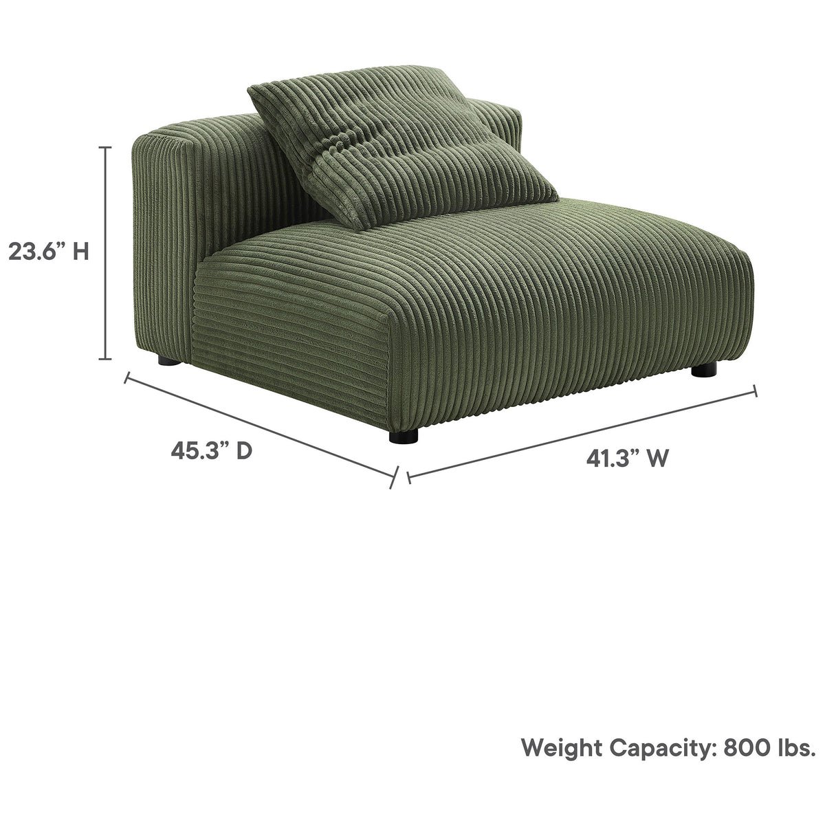 Dimensions and weight capacity shown for the Solace armless lounge chair in fern corduroy || EEI-6884-FRN || dimension_studio