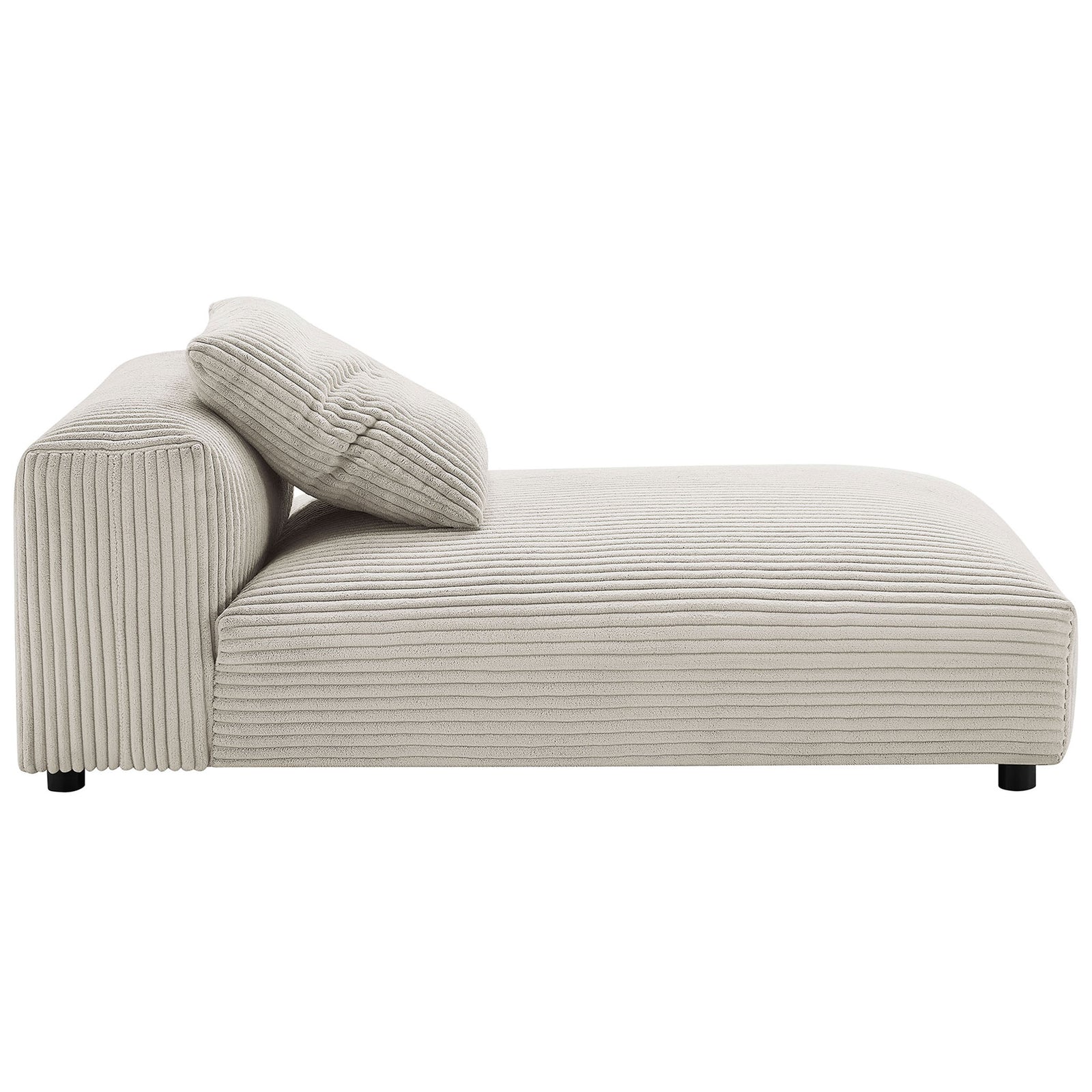 Low-profile chaise with a deep, cushioned seat and wide-wale corduroy for cozy, sink-in lounging || EEI-6886-ALM || side_studio