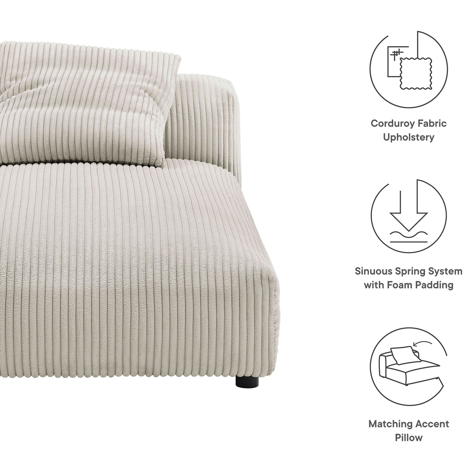 Corduroy chaise features dense foam, sinuous spring support, and a matching accent pillow || EEI-6886-ALM || callout_studio