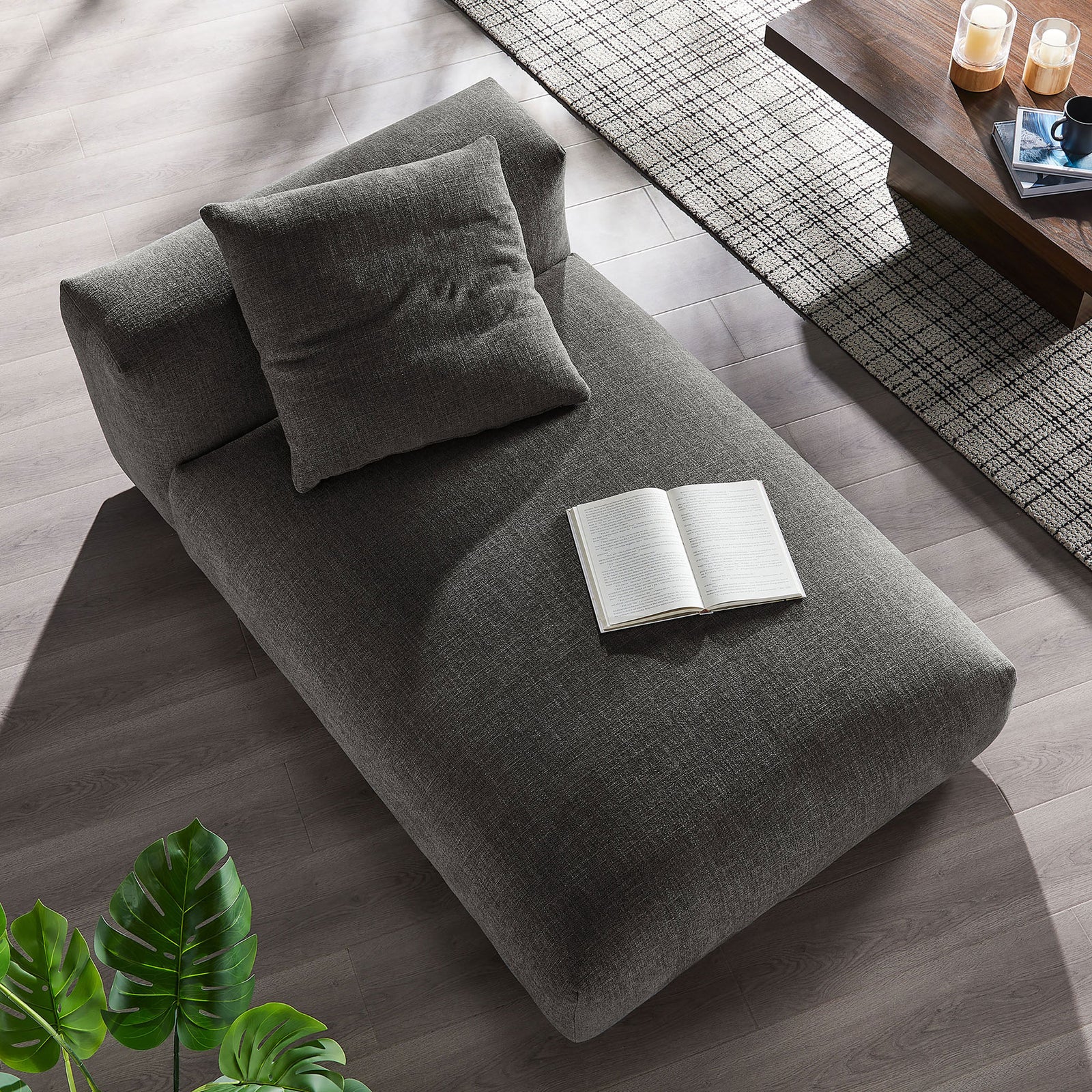 Spacious, armless chaise shows a soft charcoal weave and low-profile legs || EEI-6887-CHA || top_angle_room